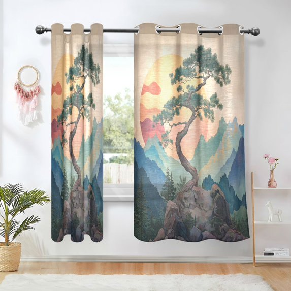 Yayeee Window Curtains Light Filtering 63"x42" Grommet Panel Pair Home Living Room Decor, Pine Tree at Dawn