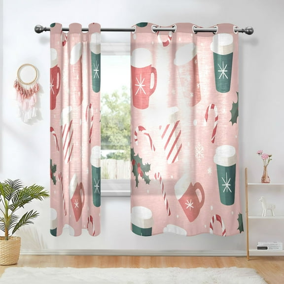 Yayeee Window Curtains Set of 2 for Living Room Light Filtering 63"x42", Pink Christmas Cups