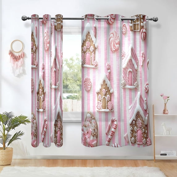 Yayeee Window Curtains Light Filtering 63"x42" Grommet Panel Pair Home Living Room Decor, Pink Gingerbread Houses