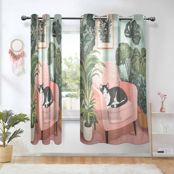 Yayeee Window Curtains Light Filtering 63"x42" Grommet Panel Pair Home Living Room Decor, Pink Sleeping Cat