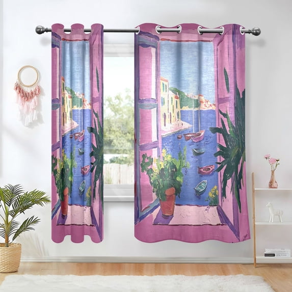 Yayeee Window Curtains Light Filtering 63"x42" Grommet Panel Pair Home Living Room Decor, Purple Window Scene