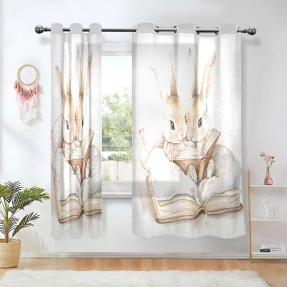 Yayeee Window Curtains Light Filtering 63"x42" Grommet Panel Pair Home Living Room Decor, Rabbit Read Book