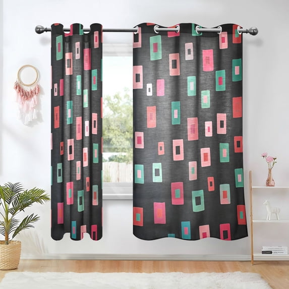 Yayeee Window Curtains Light Filtering 63"x42" Grommet Panel Pair Home Living Room Decor, Red Block Pattern