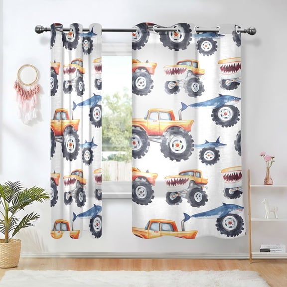 Yayeee Window Curtains Set of 2 for Living Room Light Filtering 63"x42", Shark and Shark Car Pattern