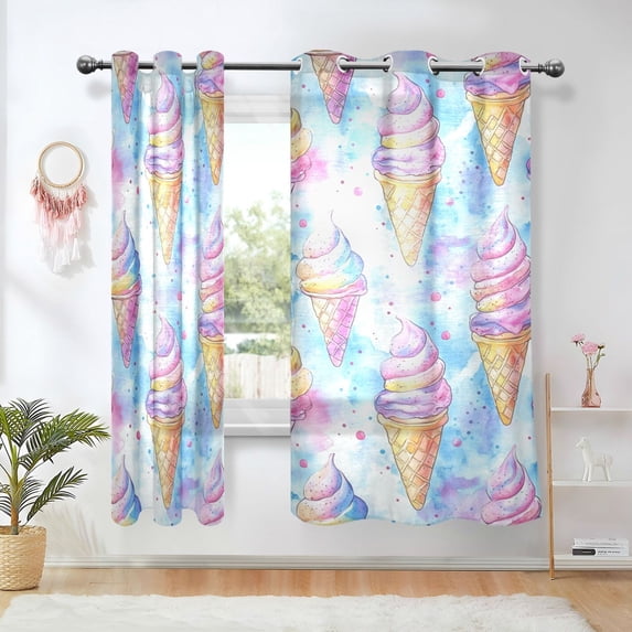 Yayeee Window Curtains Light Filtering 63"x42" Grommet Panel Pair Home Living Room Decor, Watercolor Ice Cream Pattern