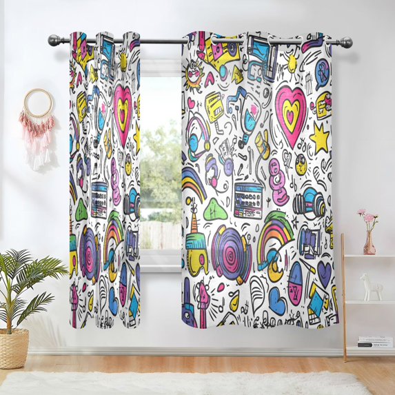 Yayeee Window Curtains Light Filtering 63"x42" Grommet Panel Pair Home Living Room Decor, White Doodle Pattern