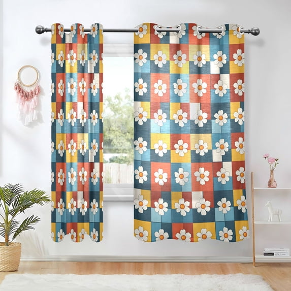 Yayeee Window Curtains Light Filtering 63"x42" Grommet Panel Pair Home Living Room Decor, Yellow Checkered Daisy