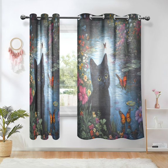 Yayeee Window Curtains Light Filtering 63"x52" Grommet Panel Pair Home Living Room Decor, Black Cats