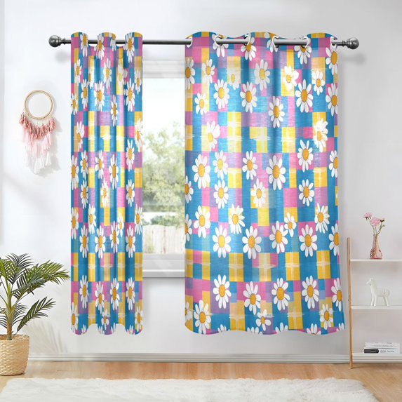 Yayeee Window Curtains Light Filtering 63"x52" Grommet Panel Pair Home Living Room Decor, Blue Checkered Daisy