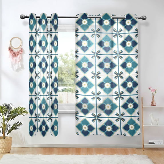 Yayeee Window Curtains Light Filtering 63"x52" Grommet Panel Pair Home Living Room Decor, Blue Mosaic Pattern