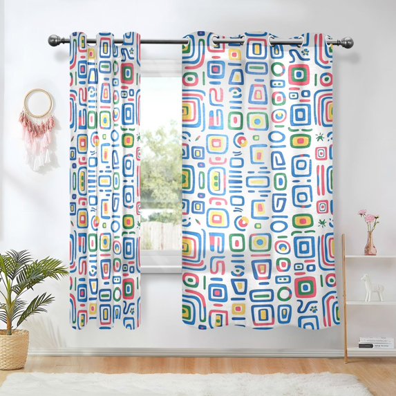 Yayeee Window Curtains Set of 2 for Living Room Light Filtering 63"x52", Blue Retro Pattern
