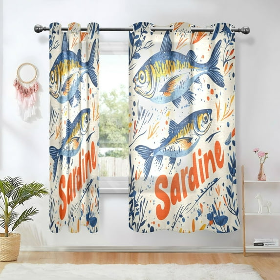 Yayeee Window Curtains Set of 2 for Living Room Light Filtering 63"x52", Blue Sardines Pattern