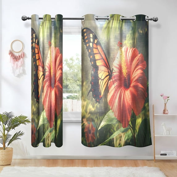Yayeee Window Curtains Set of 2 for Living Room Light Filtering 63"x52", Butterfly Red Flowers