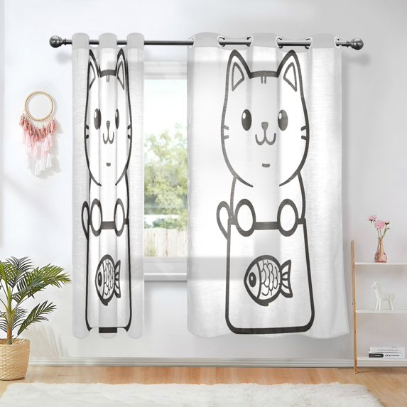 Yayeee Window Curtains Set of 2 for Living Room Light Filtering 63"x52", Cute Chubby Cat