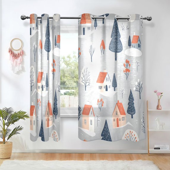 Yayeee Window Curtains Light Filtering 63"x52" Grommet Panel Pair Home Living Room Decor, Gray Cartoon Houses