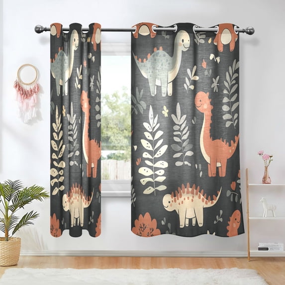 Yayeee Window Curtains Light Filtering 63"x52" Grommet Panel Pair Home Living Room Decor, Gray Dinosaur