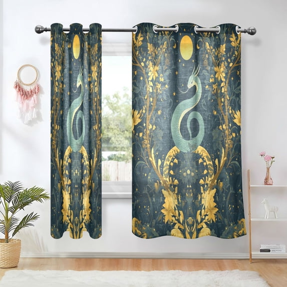 Yayeee Window Curtains Set of 2 for Living Room Light Filtering 63"x52", Green Celestial Serpent