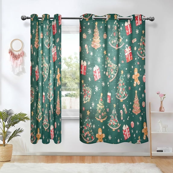 Yayeee Window Curtains Light Filtering 63"x52" Grommet Panel Pair Home Living Room Decor, Green Christmas Gingerbread