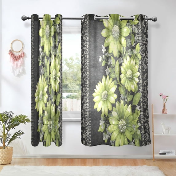 Yayeee Window Curtains Light Filtering 63"x52" Grommet Panel Pair Home Living Room Decor, Green Flowers