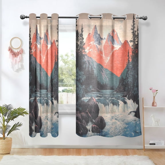 Yayeee Window Curtains Light Filtering 63"x52" Grommet Panel Pair Home Living Room Decor, Mountains at Dawn