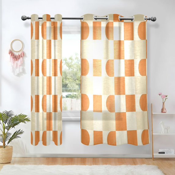 Yayeee Window Curtains Light Filtering 63"x52" Grommet Panel Pair Home Living Room Decor, Orange Checkered Pattern
