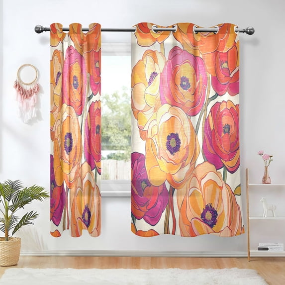 Yayeee Window Curtains Light Filtering 63"x52" Grommet Panel Pair Home Living Room Decor, Orange Hand Drawn Floral