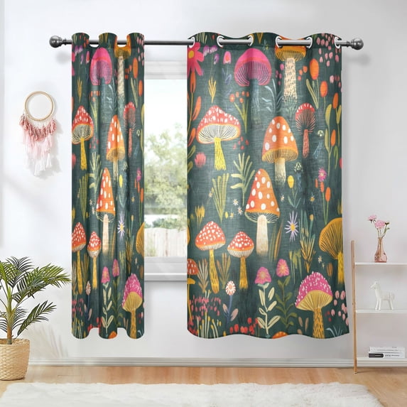 Yayeee Window Curtains Light Filtering 63"x52" Grommet Panel Pair Home Living Room Decor, Orange Mushroom