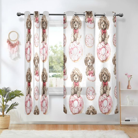 Yayeee Window Curtains Set of 2 for Living Room Light Filtering 63"x52", Puppies Bow Donut Pattern