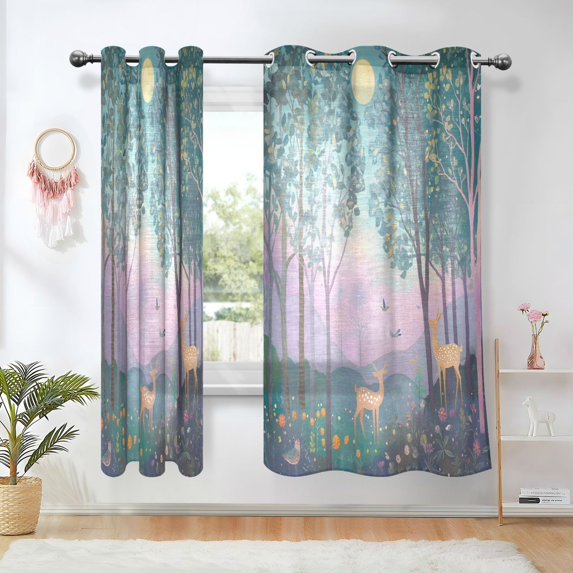 Yayeee Window Curtains Light Filtering 63"x52" Grommet Panel Pair Home Living Room Decor, Purple Forest Scene