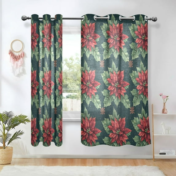 Yayeee Window Curtains Set of 2 for Living Room Light Filtering 63"x52", Red Christmas Poinsettias