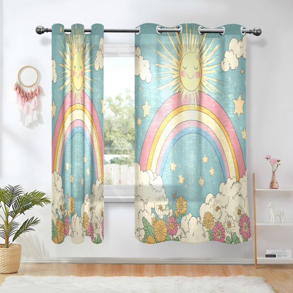 Yayeee Window Curtains Light Filtering 63"x52" Grommet Panel Pair Home Living Room Decor, Retro Beige Rainbow