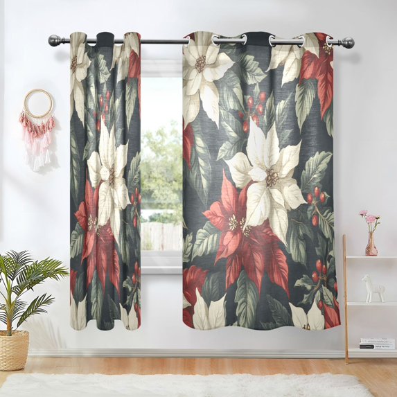 Yayeee Window Curtains Set of 2 for Living Room Light Filtering 63"x52", White Christmas Leaves