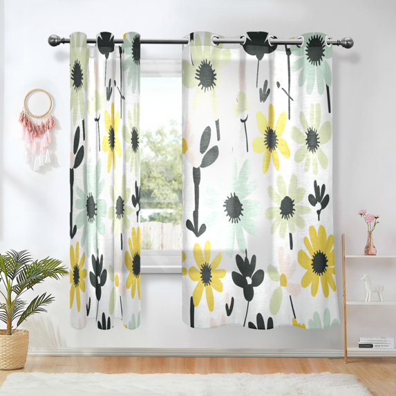 Yayeee Window Curtains Light Filtering 63"x52" Grommet Panel Pair Home Living Room Decor, White Flower