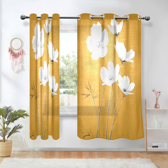 Yayeee Window Curtains Light Filtering 63"x52" Grommet Panel Pair Home Living Room Decor, White Flowers