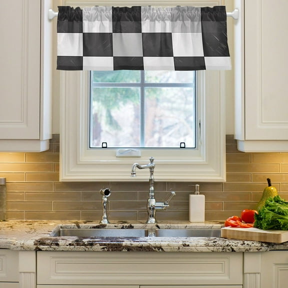 Yayeee Window Valance for Kitchen Farmhouse Rod Pocket Black and grey Paid Pattern Short Curtain for Living Room