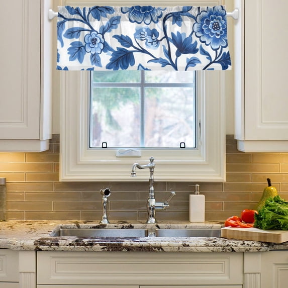 Yayeee Window Valance for Kitchen Farmhouse Rod Pocket Blue Floral Pattern Short Curtain for Living Room