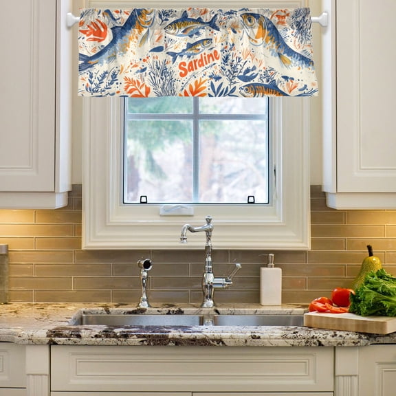 Yayeee Window Valance for Kitchen Farmhouse Rod Pocket Blue Sardines Pattern Short Curtain for Living Room