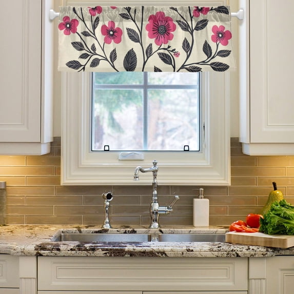 Yayeee Window Valance for Kitchen Farmhouse Rod Pocket Pink Flowers Short Curtain for Living Room