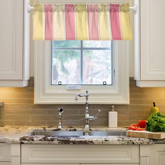 Yayeee Window Valance for Kitchen Farmhouse Rod Pocket Pink and Yellow Striped Pattern Short Curtain for Living Room