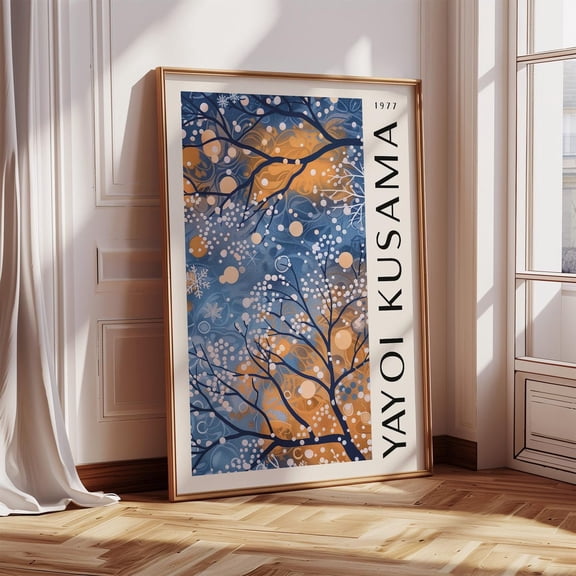 Yayoi Kusama Abstract Art Orange And Navy Blue Poster Winter Wall Decor For Living Room Office Studio Wall Art, Modern Wall Decor, 12x18 UNFRAMED