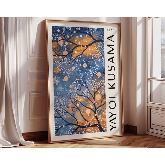 Yayoi Kusama Abstract Art Orange and Navy Blue Poster Winter Wall Decor for Living Room Office Studio, 12x18 UNFRAMED