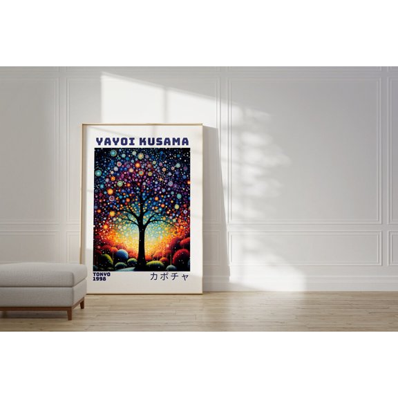 Yayoi Kusama Abstract Print Japanese Wall Art Japandi Style Inspired Kusama Home Decor, Stretched Canvas 12x16in