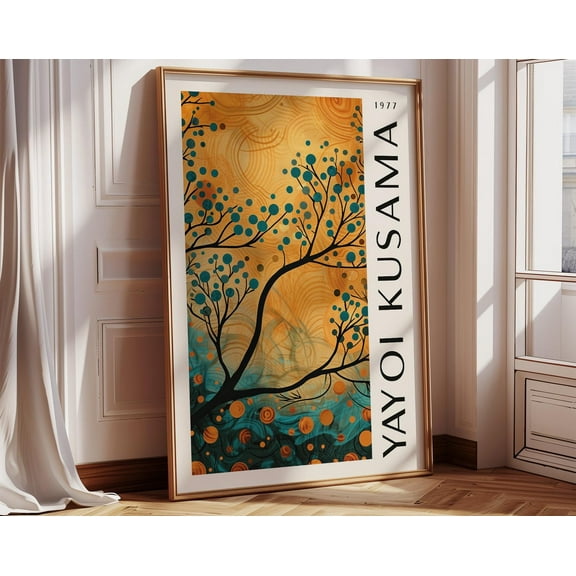 Yayoi Kusama Abstract Wall Art Bold Orange and Teal Poster Nature-Inspired Modern Decor for Living Room Office Studio, 8x12 UNFRAMED