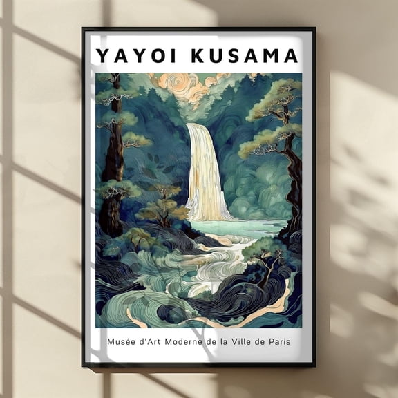 Yayoi Kusama Abstract Waterfall Poster Japanese Nature Poster Zen Forest Landscape Wall Decor Serene Modern River Illustration, Poster Only