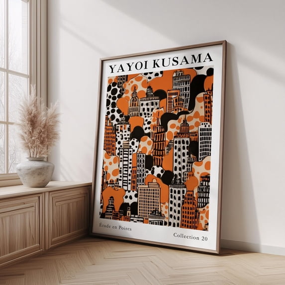 Yayoi Kusama Exhibition Poster Orange Cityscape Art Polka Dot Wall Art Modern Urban Decor Maximalist Poster Unframed Paper Print