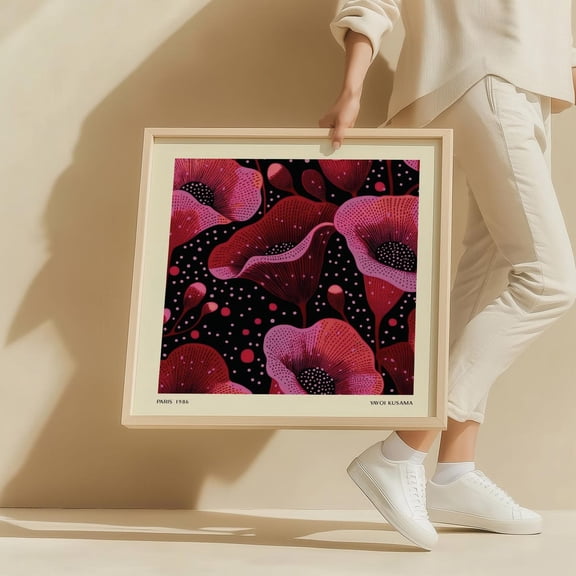 Yayoi Kusama Floral Square Print Abstract Japanese Wall Art Pink And Black Flower Poster Modern Decor For Bedroom Or Office Wall Art, Modern Wall Decor, 16x16 UNFRAMED