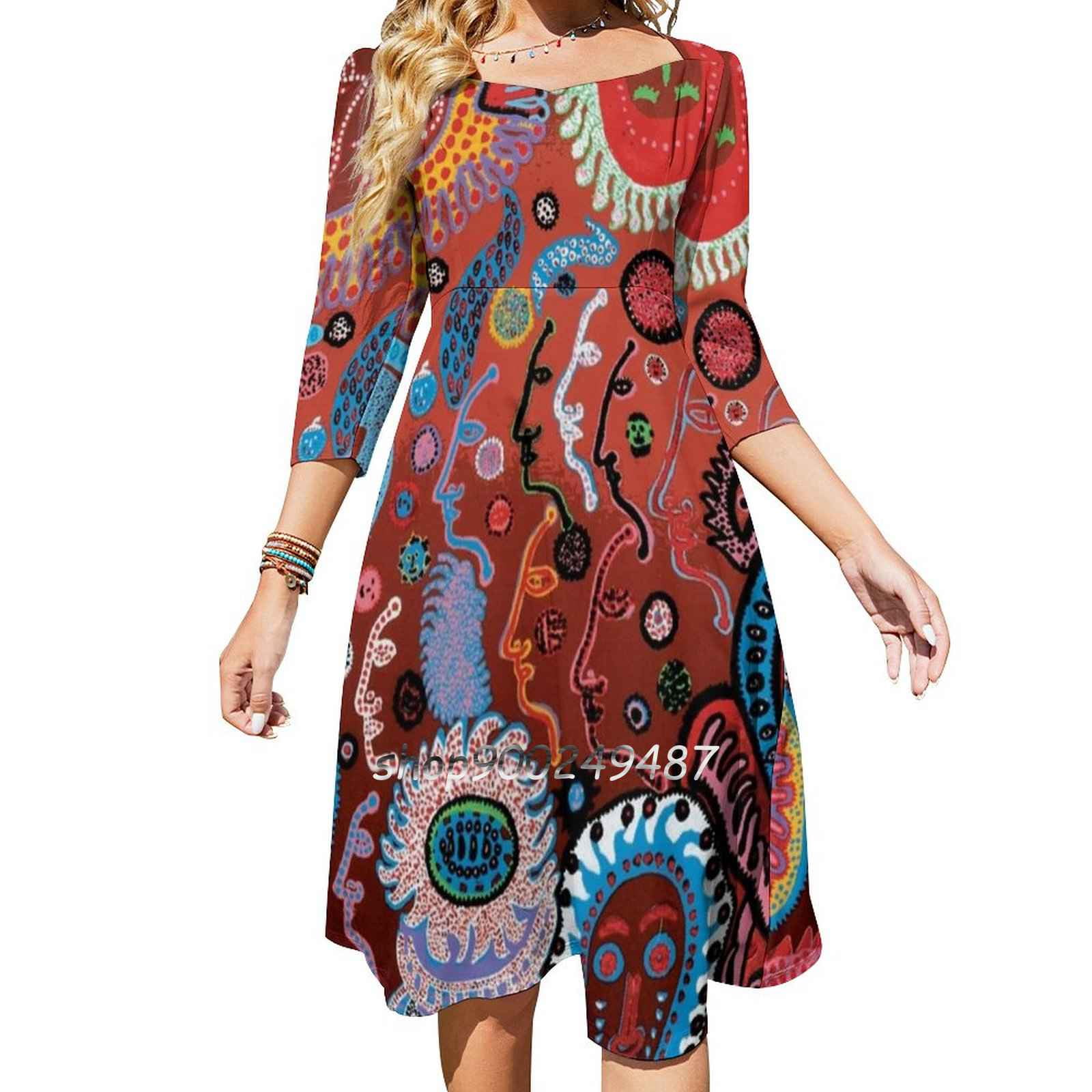 Yayoi Kusama Fungus Square Neck Dress New Plus Size Elegant Women Waist