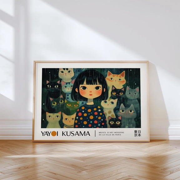 Yayoi Kusama Inspired Cat And Girl Horizontal Poster - Whimsical Japanese Art Print For Living Room, Bedroom, Office Or Entryway Wall Art Wall Art, Modern Wall Decor, 8x12 UNFRAMED