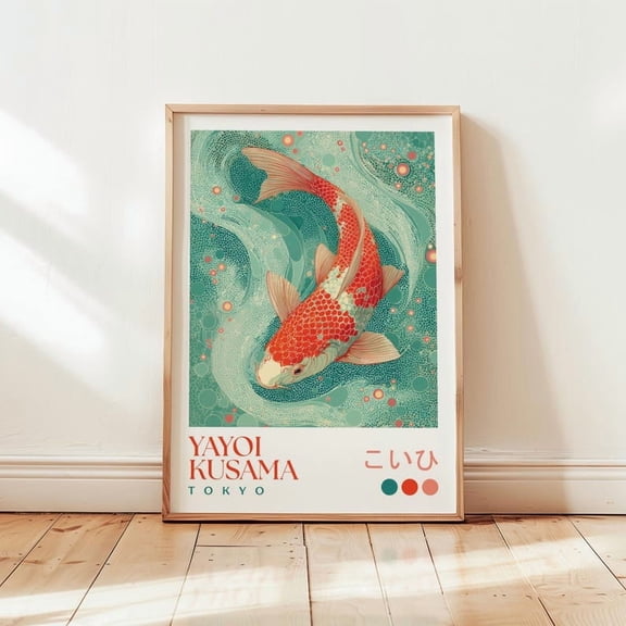 Yayoi Kusama Japanese Koi Fish Art - Abstract Fish Print - Modern Room Decor - Blue Bathroom Wall Art - Japanese Ocean Art - Zen Bedroom Art 8x12 UNFRAMED