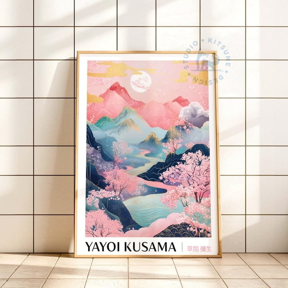Yayoi Kusama Japanese Mountain Landscape Sakura Cherry Blossom Spring Art, Unframed Paper Print Size 8x12